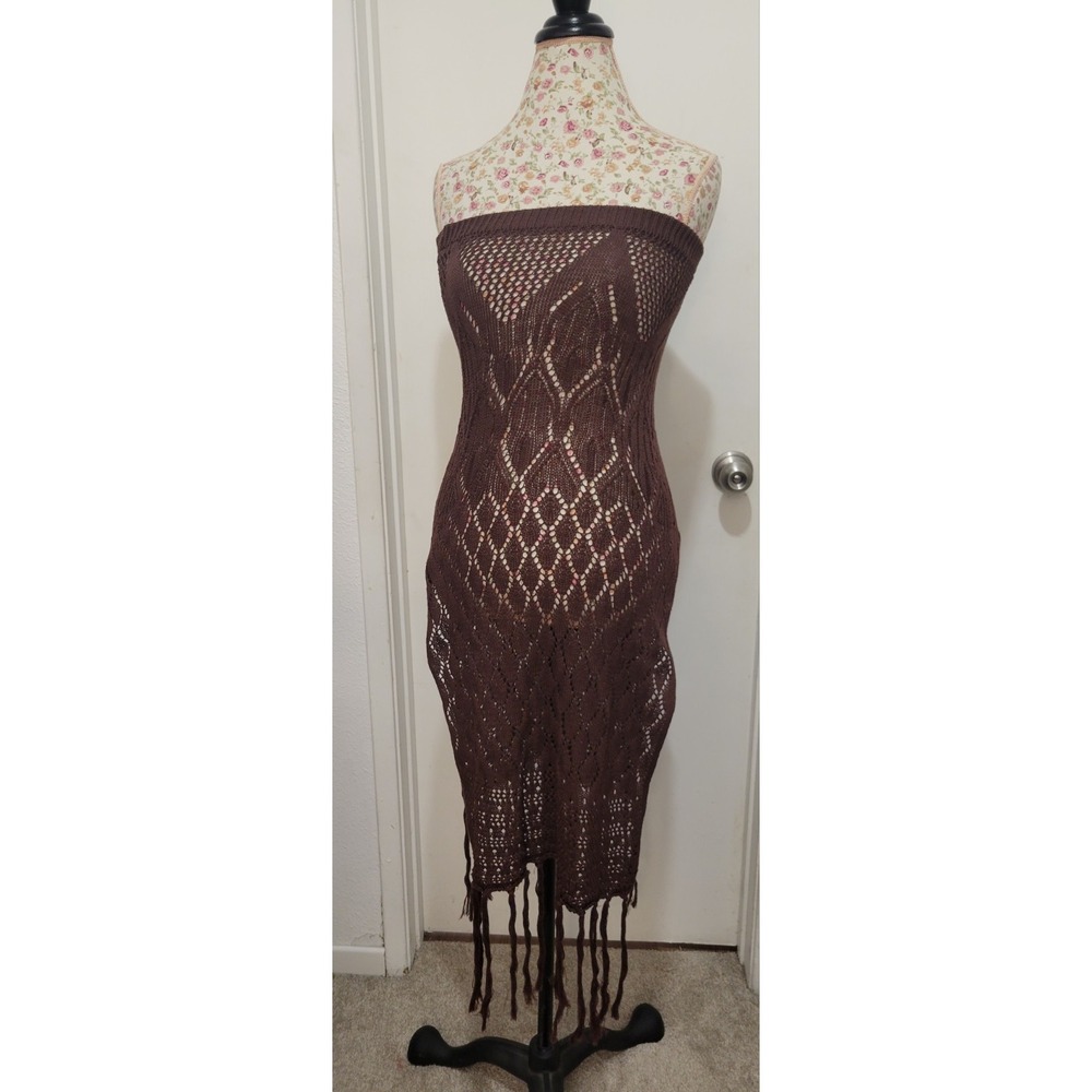 House of Harlow 1960 Pareo Fringe Swim Beach Cover Up Knit Midi Dress One Size